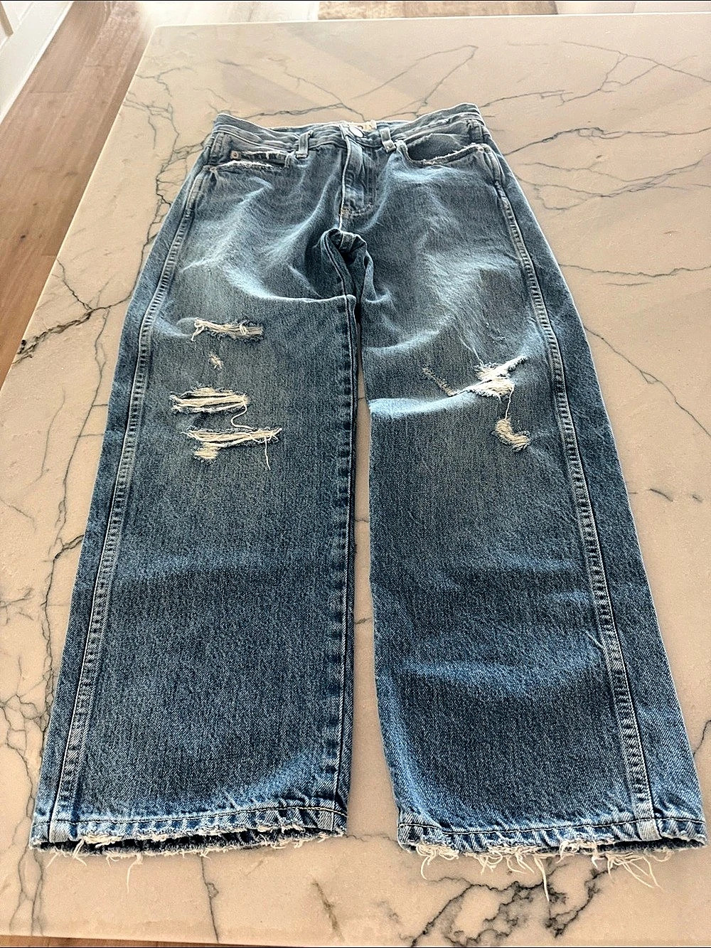 AMO Billie Distressed Straight Leg Jeans in Blue Waist 25